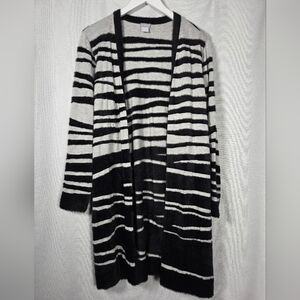 Chico's Size 2 Gray & Fuzzy Black Stripes Cardigan Sweater Womens L